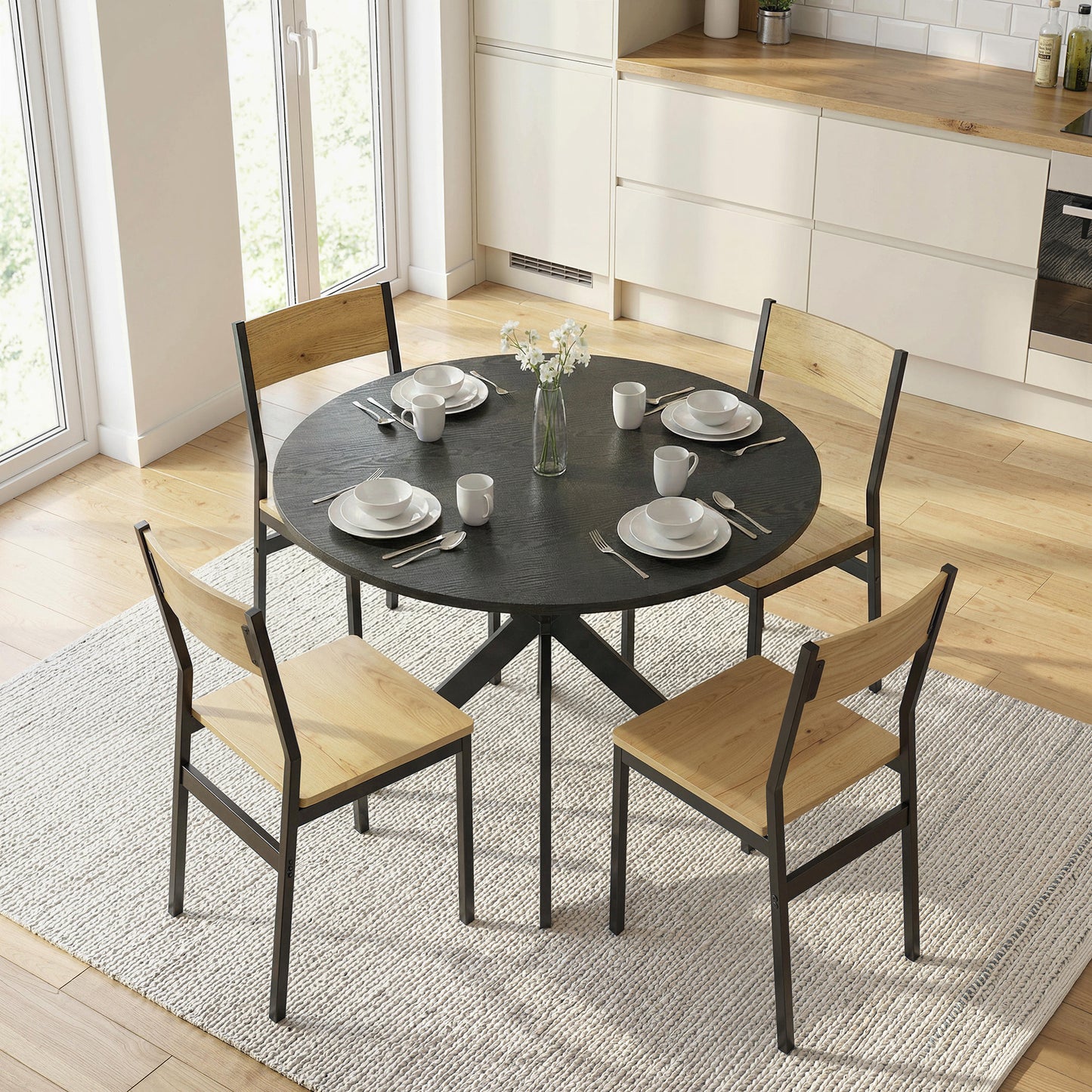 39" Dining Table, Contemporary Round Kitchen Table with Steel Legs, Black Wood Grain