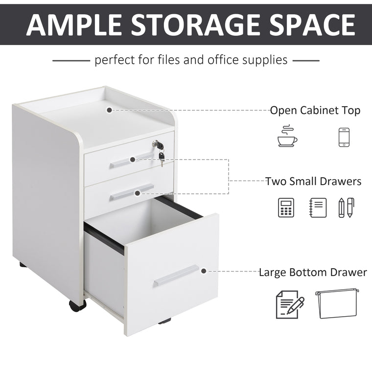 3-Drawer Filing Cabinet with Lock and Wheels - White