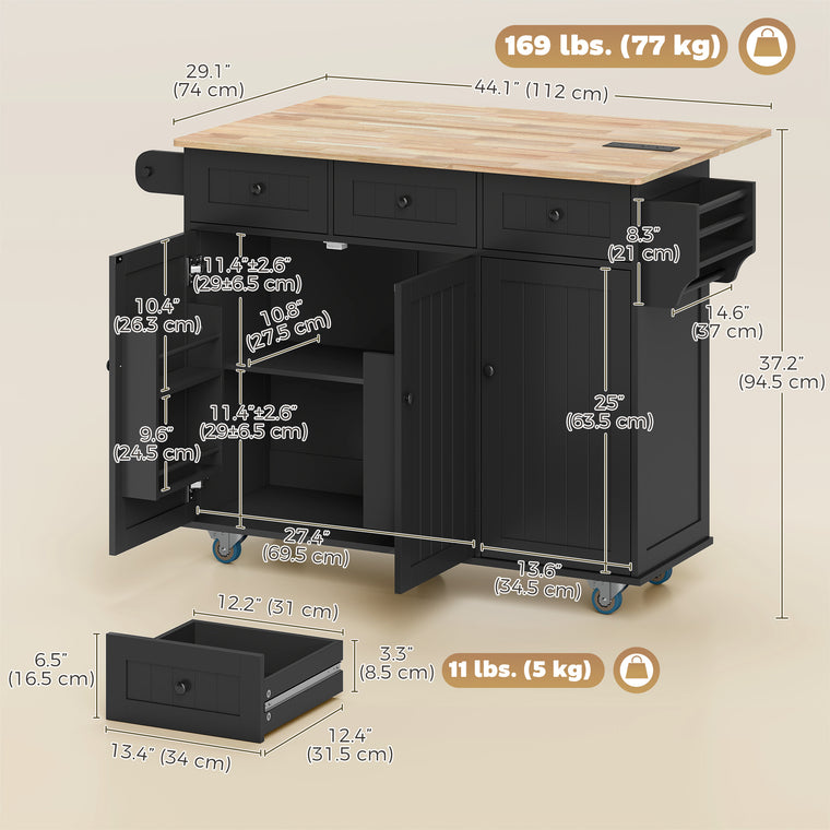 Rolling Kitchen Island with Drop Leaf & Charging Station