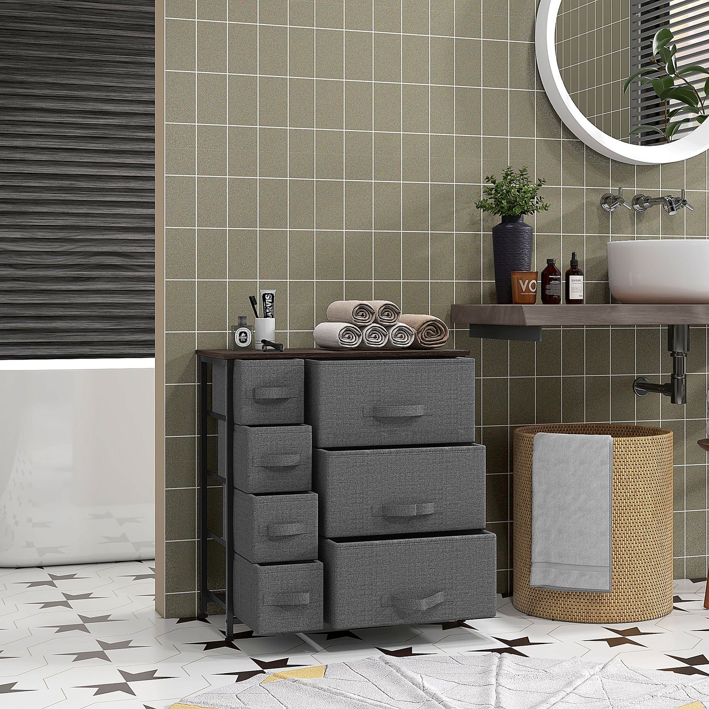 Dresser with 7 Drawers, Chest of Drawers with Metal Frame, Fabric Dresser for Living Room, Dark Grey
