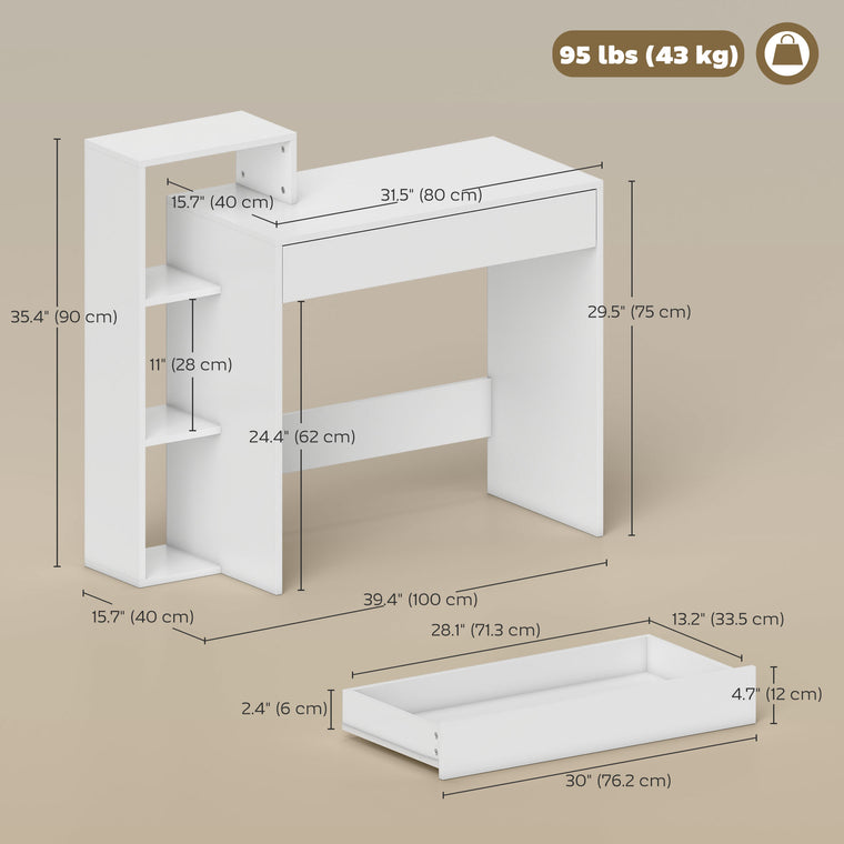 Computer Desk with 3 Open Shelves and Drawer - White