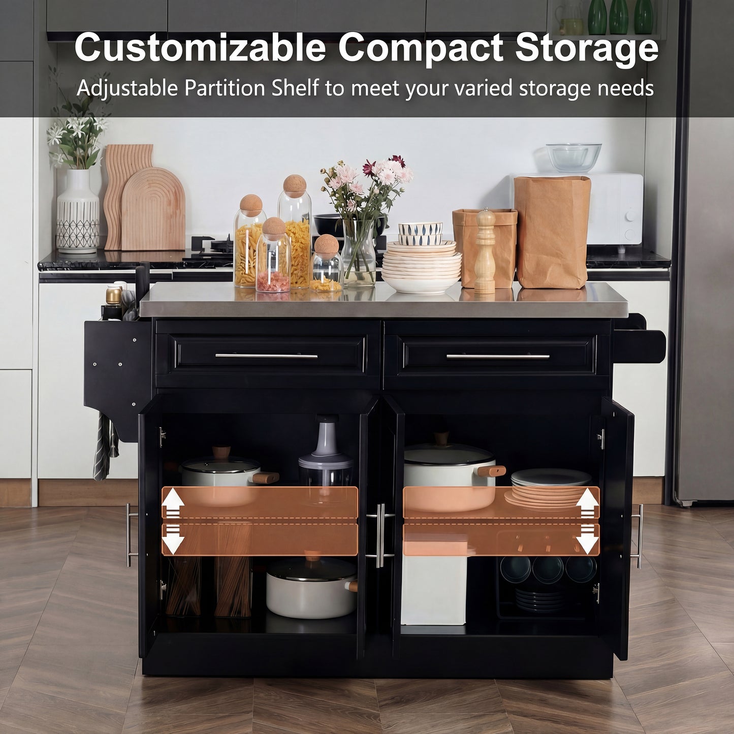 Rolling Kitchen Island with Storage and Stainless Steel Top, Kitchen Trolley with Drawers, Cabinets, Towel Rack