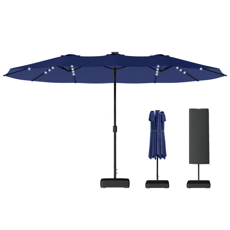 15' Dark Blue Double-Sided Umbrella with Base & 48 LED Lights