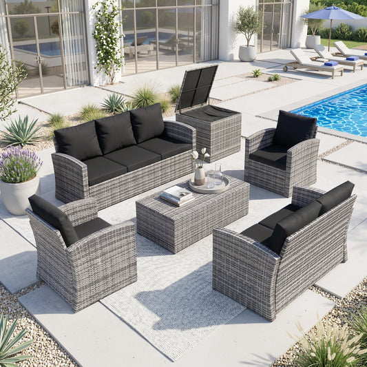 6 Pieces Wicker Patio Furniture Set with Cushions, 7-Seater Rattan Patio Sofa Set with Storage Table, Black - Black