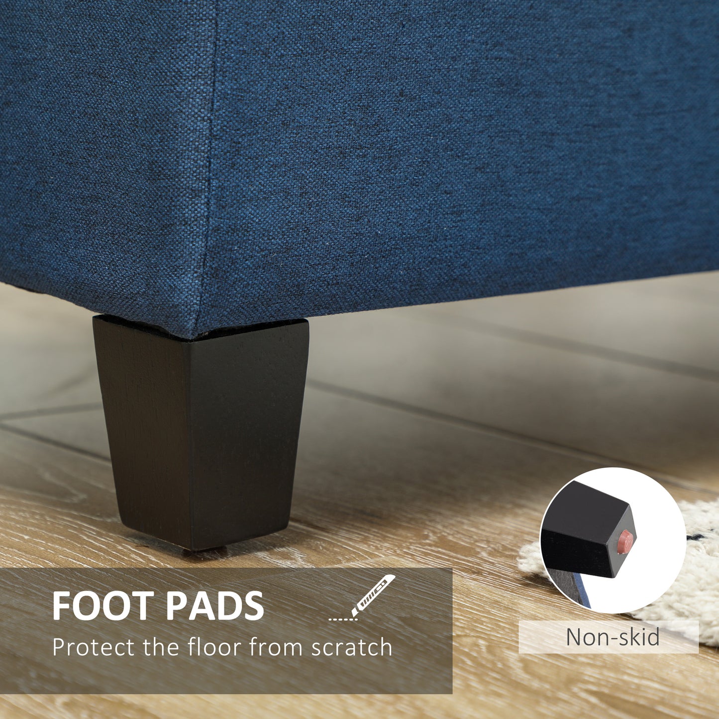 Rectangular Entry Bench, Tufted Upholstered Linen Fabric Wood Feet Storage Ottoman Bench, Blue