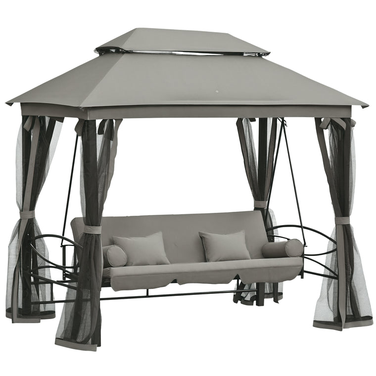 3-Person Dark Grey Swing Chair Daybed with Canopy & Sun Shade