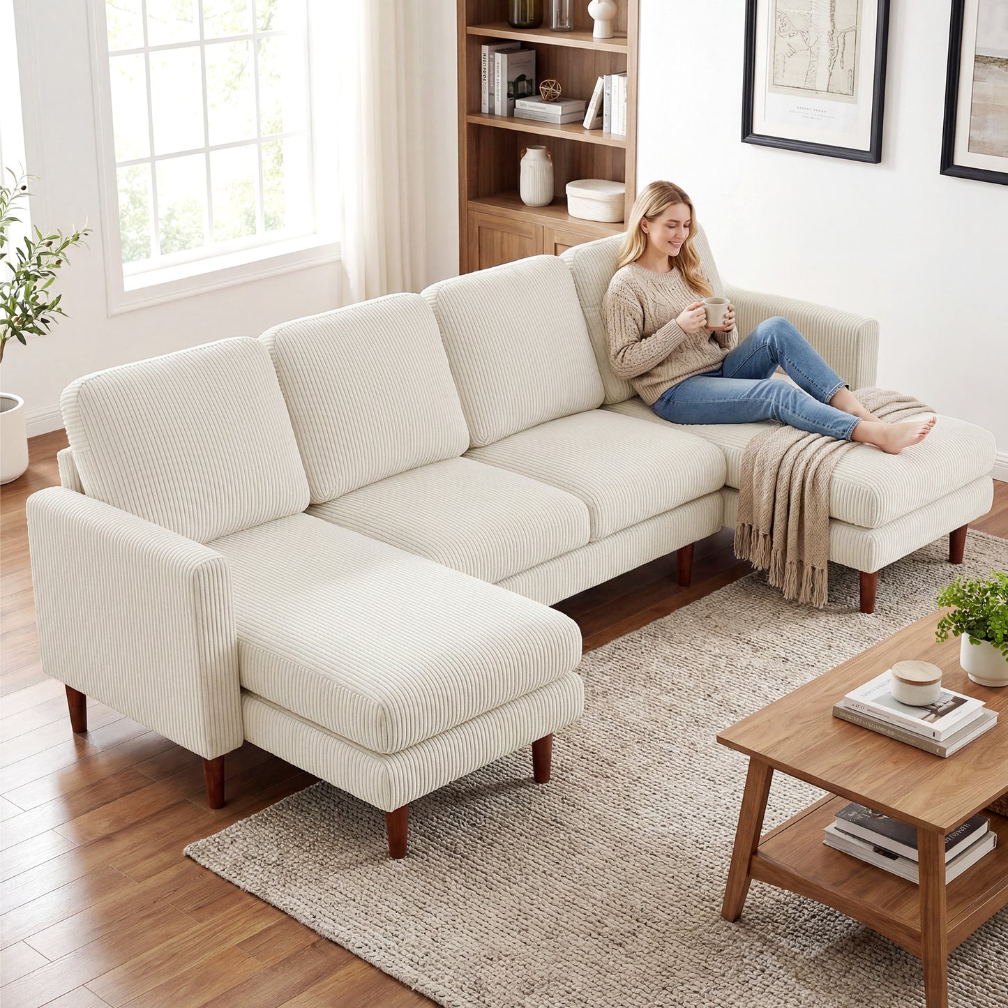 Sectional Sofa, Corduroy U Shaped Couch with Double Chaise and Spring Cushions, 2200lb Capacity, Beige
