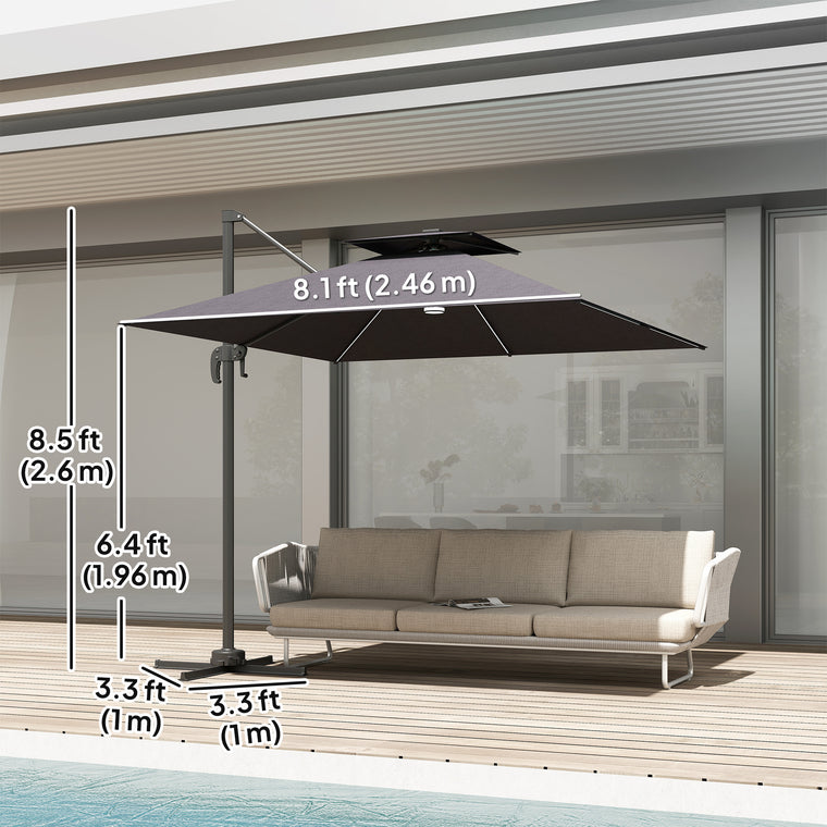 8' Dark Grey Cantilever Umbrella with LED Lights & 360° Rotation