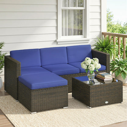 3 Pieces Patio Furniture Set with Cushions, Outdoor PE Rattan Wicker Conversation Corner Sofa Set with Glass Top Table - Blue