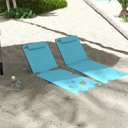 2 Pieces Beach Lounge Chair, Outdoor Folding Chaise Lounge Set w/ Pillow for Sunbath, Snap, Beige - Light Blue