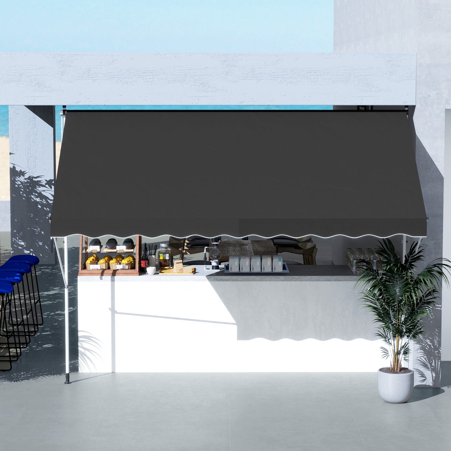 10x5ft Patio Sun Shade Canopy, Manual Retractable Awning with 5.6-9.2ft Support Pole for Window, Door, Porch, Black