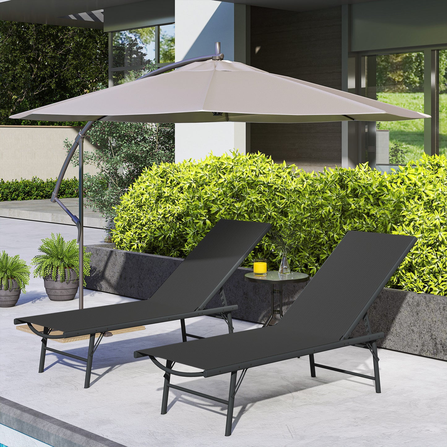 2 Pieces Folding Outdoor Lounge Chairs, Reclining Chaise Lounge Tanning Chair w/ Adjustable Back, Mesh Seat, Black