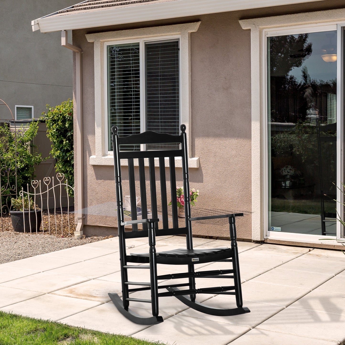 Wooden Outdoor Rocking Chair, Patio Rocking Chair with Slatted High Back and Armrests for Porch, Garden, Lawn, White
