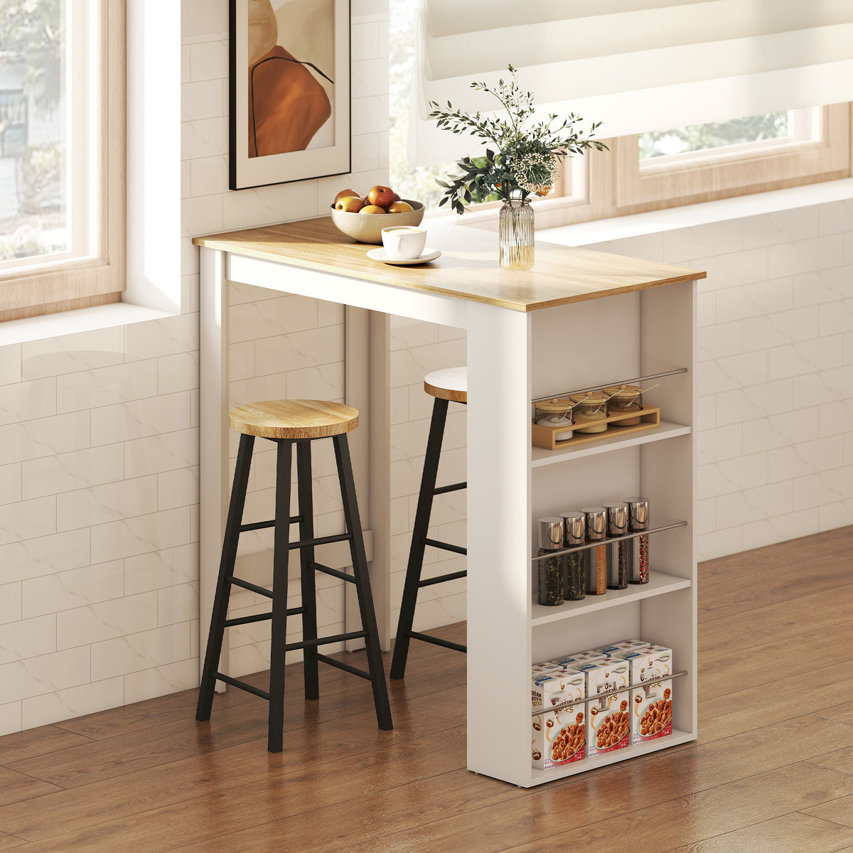 Bar Table Counter Height Dining Table with 3 Storage Shelves for Kitchen, Dining Room, Living Room, White