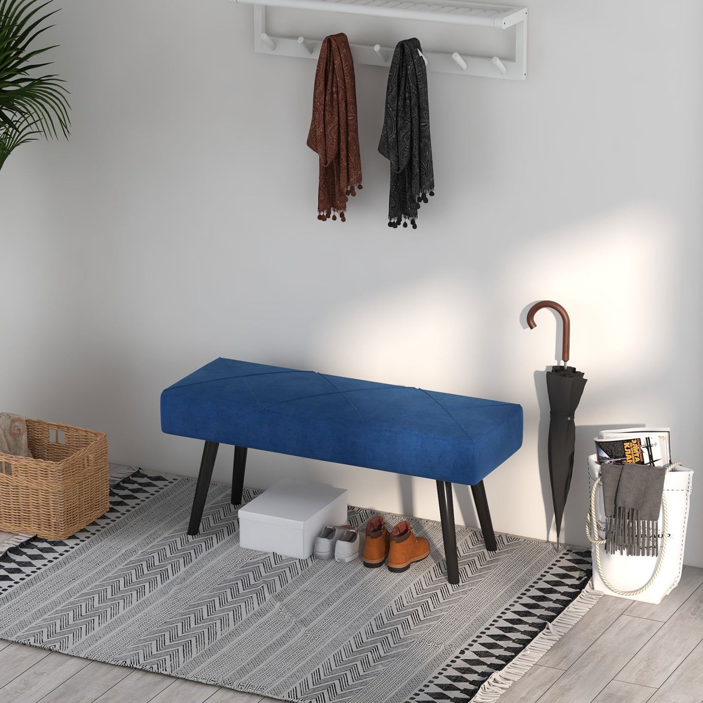 39 Inches Upholstered Bedroom Bench, Modern End of Bed Bench with Steel Legs, Dark Blue