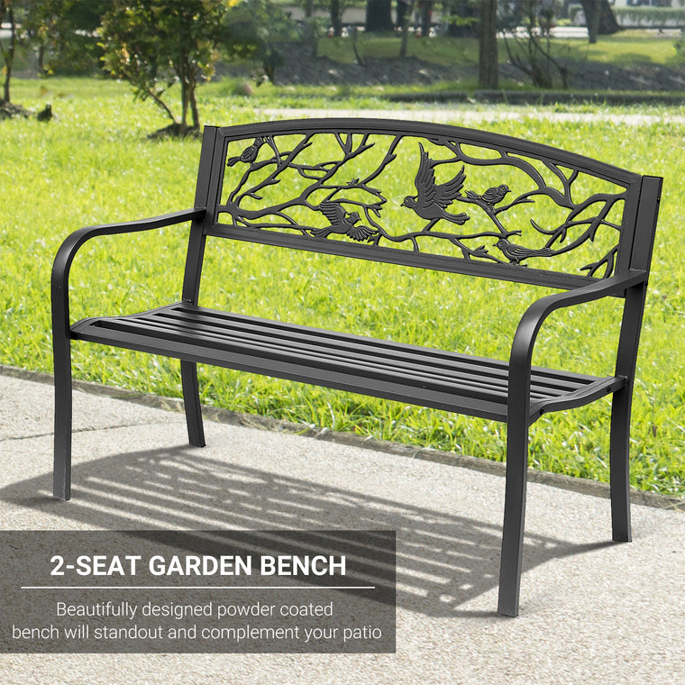 50" Garden Bench Outdoor Loveseat with Vintage Bird Pattern Cast Metal
