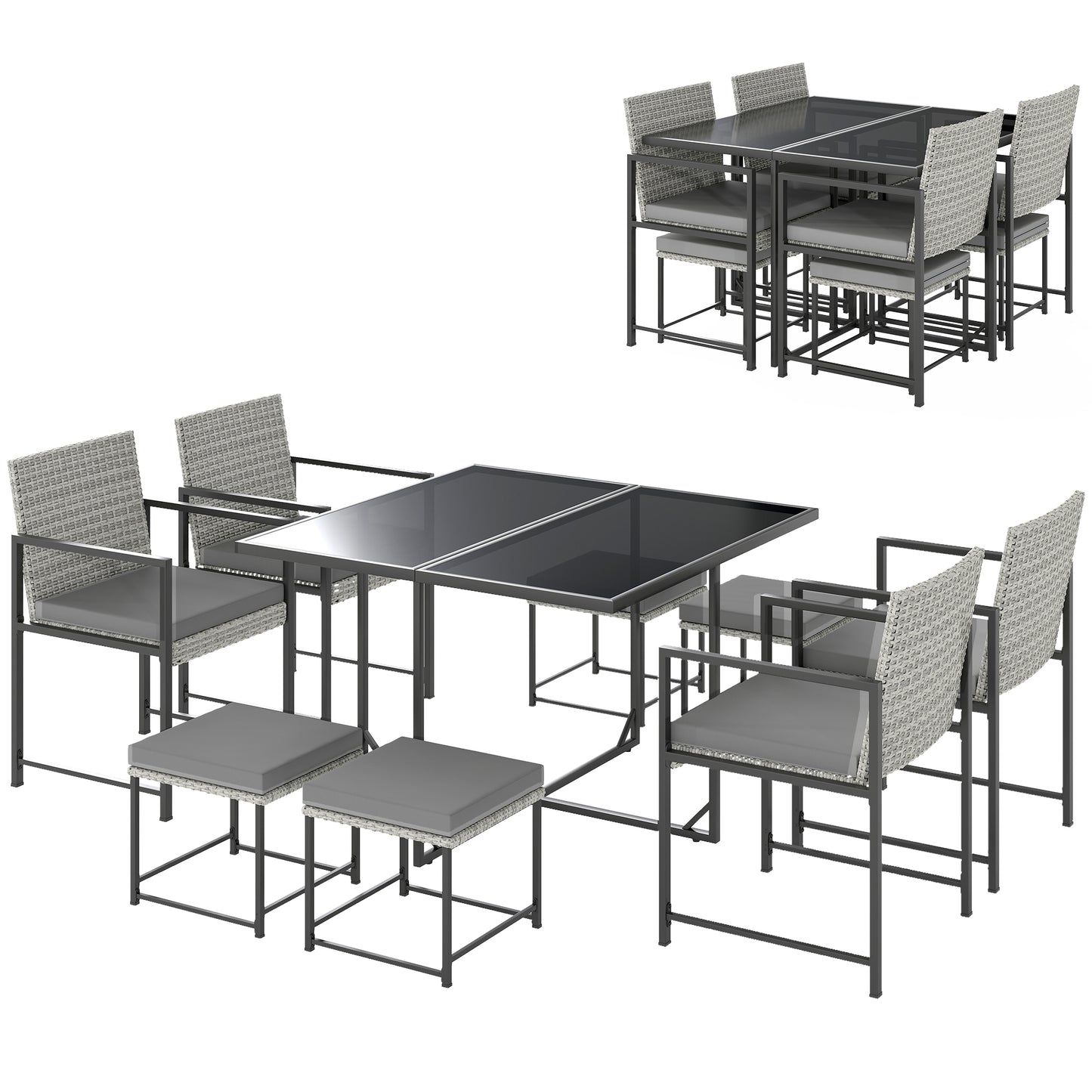 9 Pieces Wicker Patio Dining Set with 4 Armchairs, 4 Stools, Tempered Glass Top, Removable Cushions, Light Grey