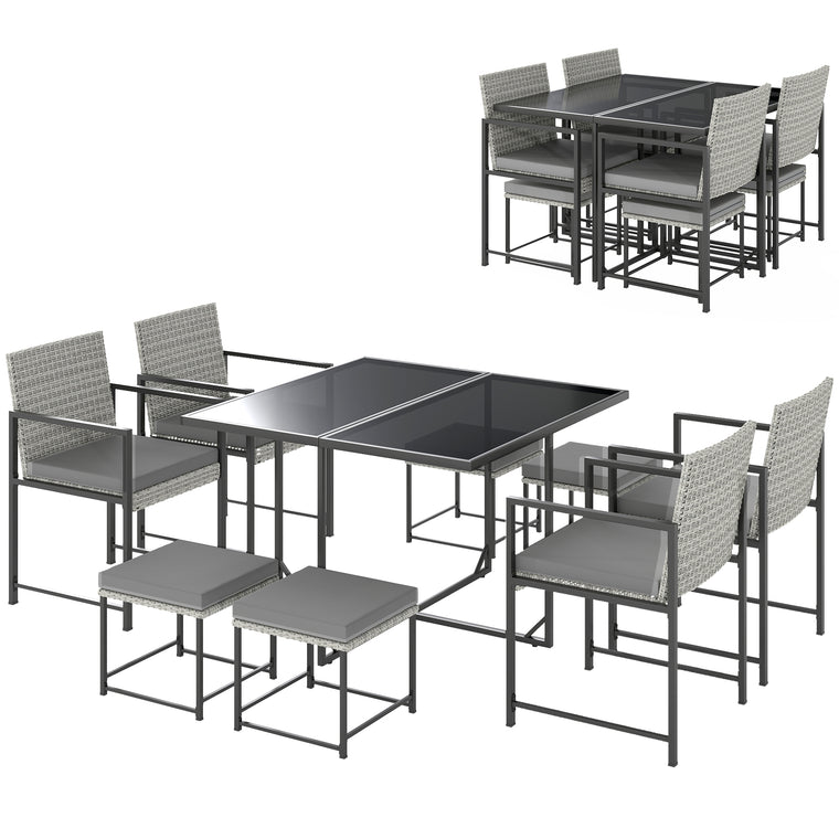 9-Piece Wicker Dining Set with Armchairs and Glass Top