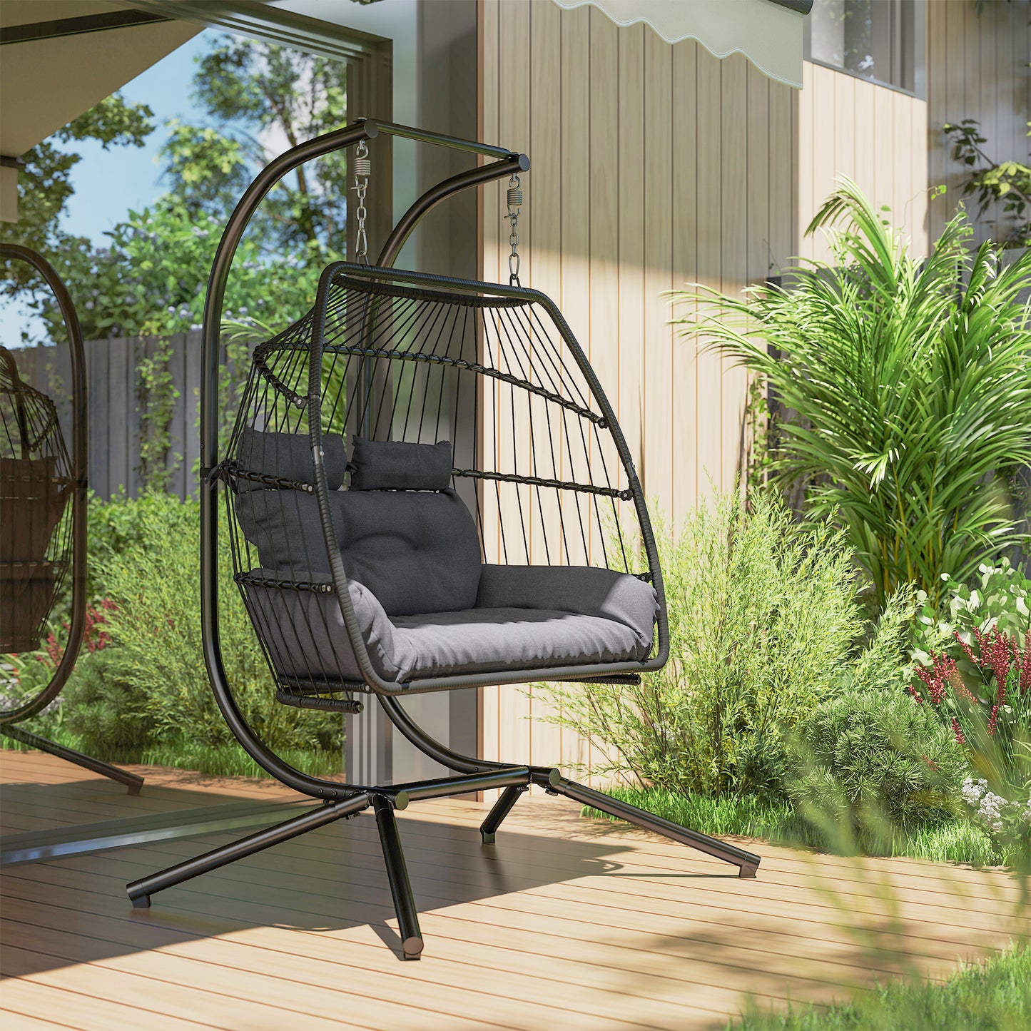 Double Wicker Egg Swing Chair with Stand, Foldable Hanging Egg Chair with UV Resistant Cushion, Headrest, Cream White