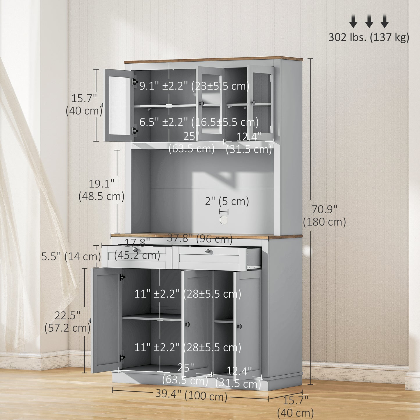71" Pantry Cabinet with Microwave Space, Buffet with Hutch, 2 Drawers, Adjustable Shelves and Glass Doors, Grey