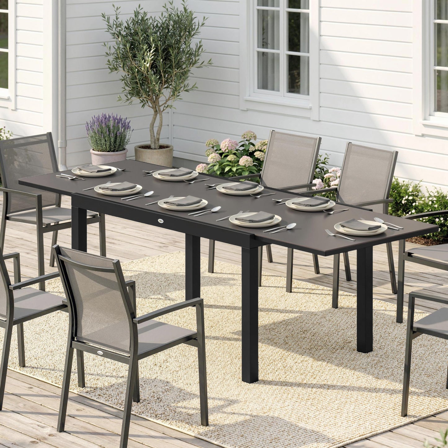 Expandable Outdoor Dining Table, 55"-95" Patio Table with Tempered Glass Top and Aluminum Frame, Black
