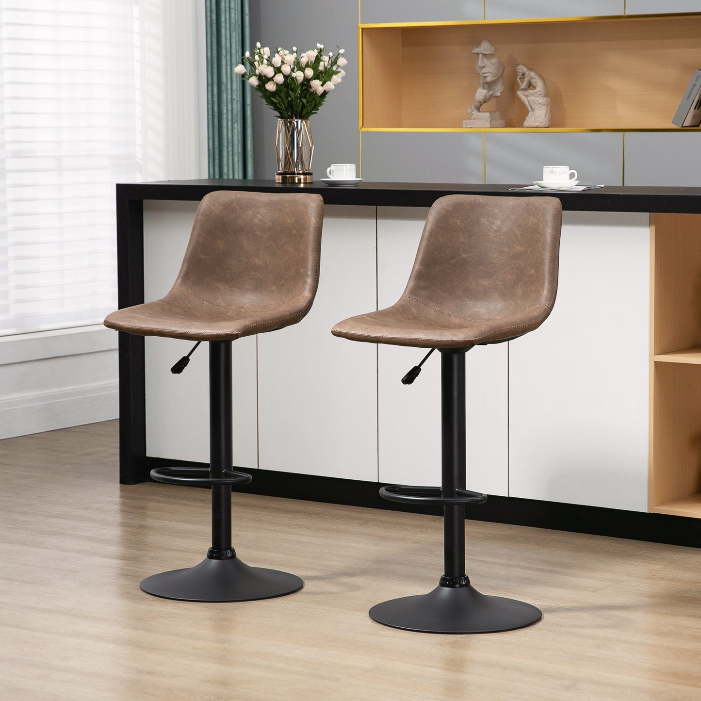 Adjustable Counter Height Bar Stools Set of 2, 360° Swivel Kitchen Counter Stools Dining Chairs with Backs, Vintage Leather, Brown