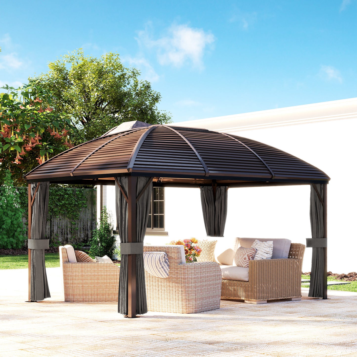 10x13 Hardtop Gazebo Aluminum Outdoor Canopy with Mesh Nettings Curtains Dark Grey