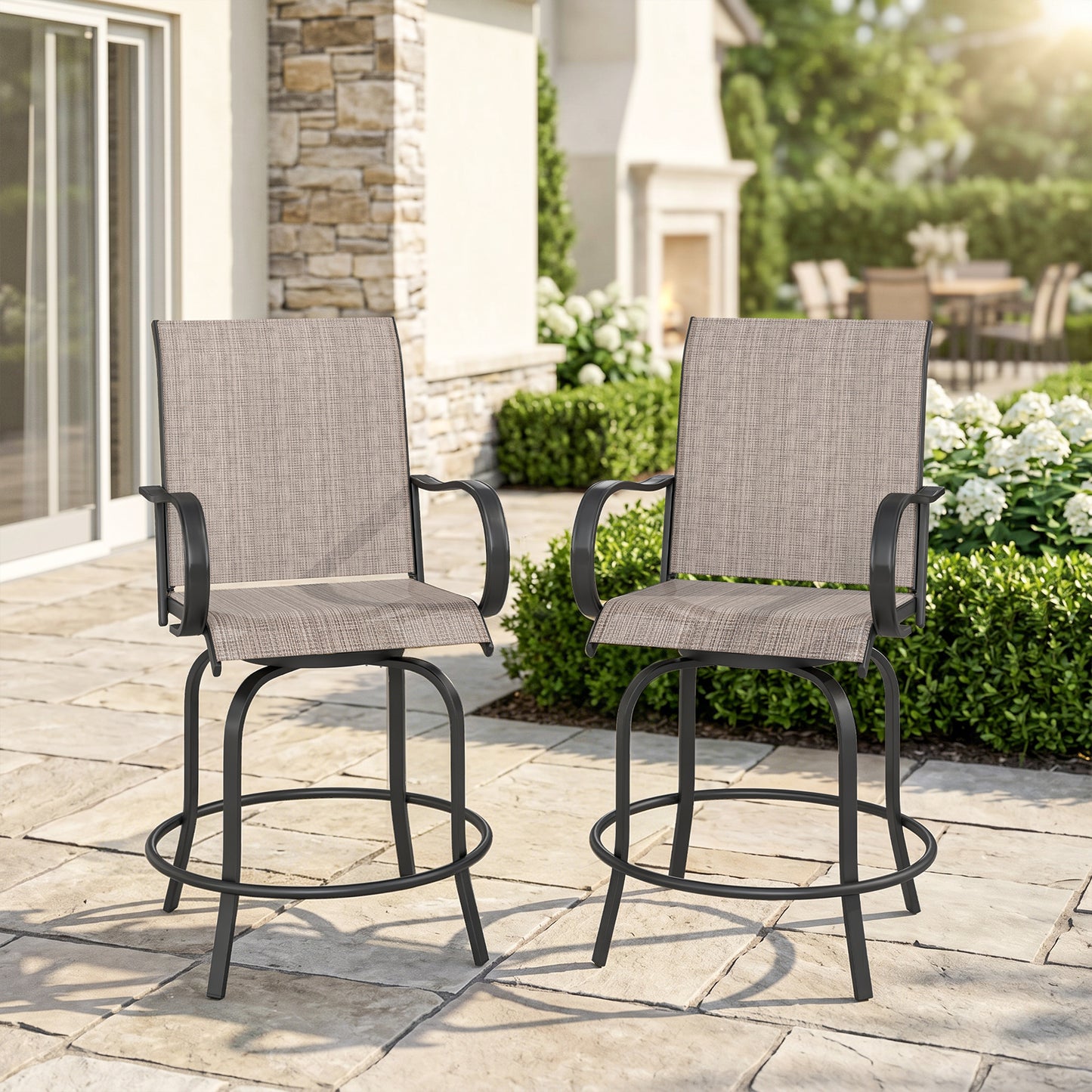 Outdoor Bar Stools Set of 2, 360° Swivel Bar Height Chairs, 26.8" x 29.5" x 48.4", Tan