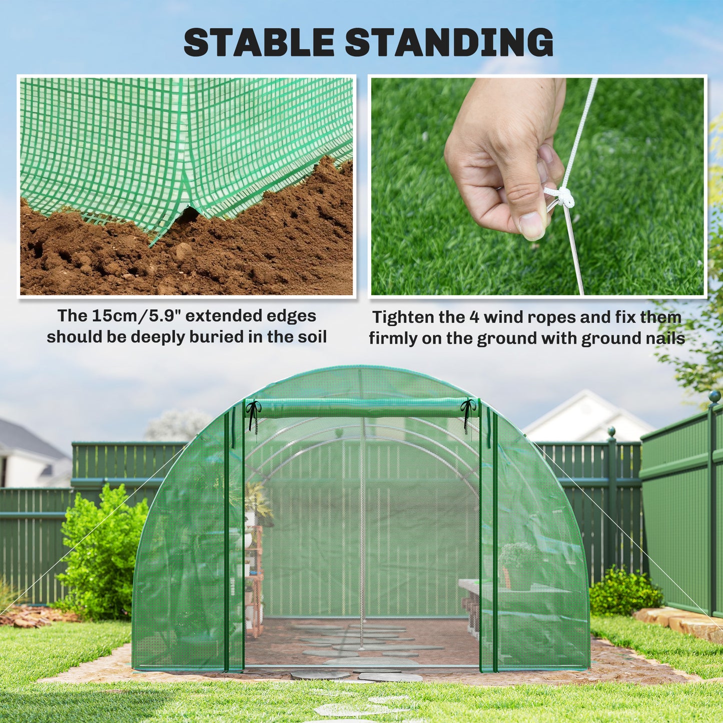 Walk-in Tunnel Greenhouse with 2 Support Rods, Mesh Door, Plant Hot House with PE Cover, 20'x10'x7', Green