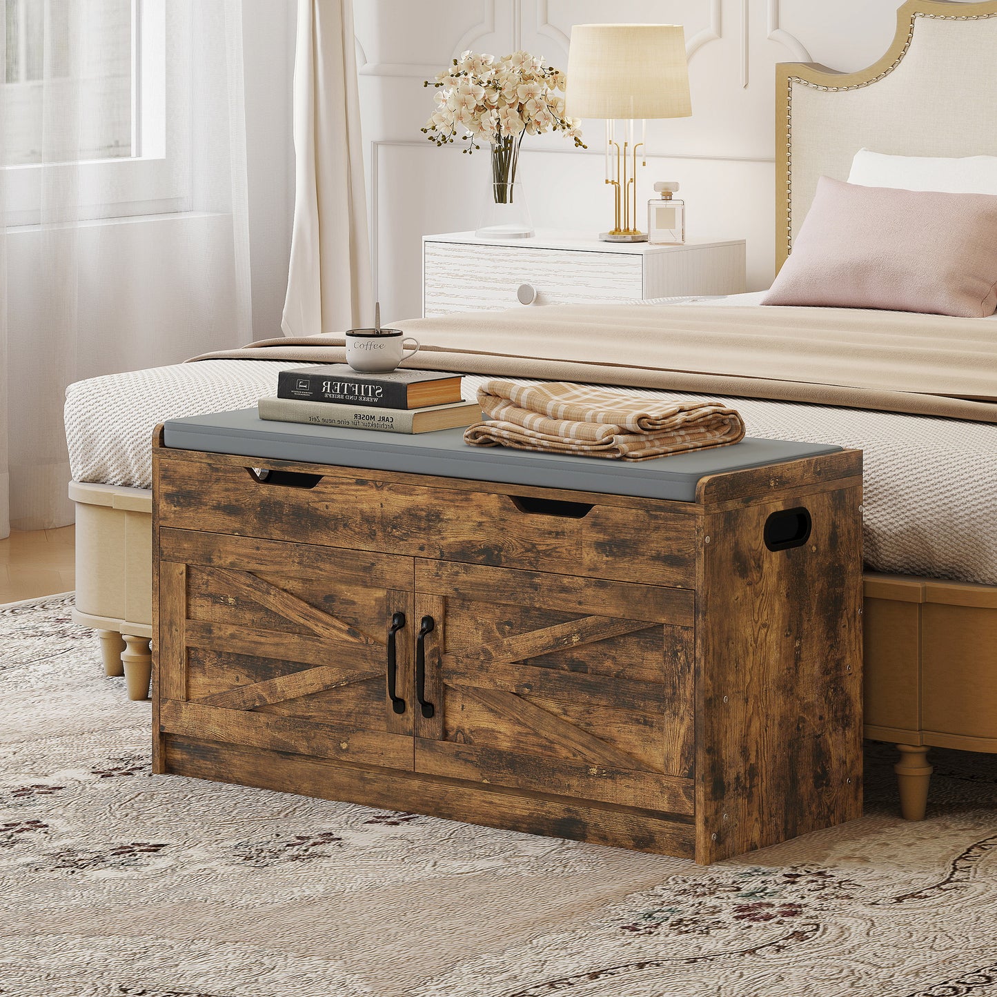 Shoe Storage Bench, Entryway Bench with 2-Tier Cabinet, Flip-Top Storage, Padded Cushion for Hallway, Rustic Brown