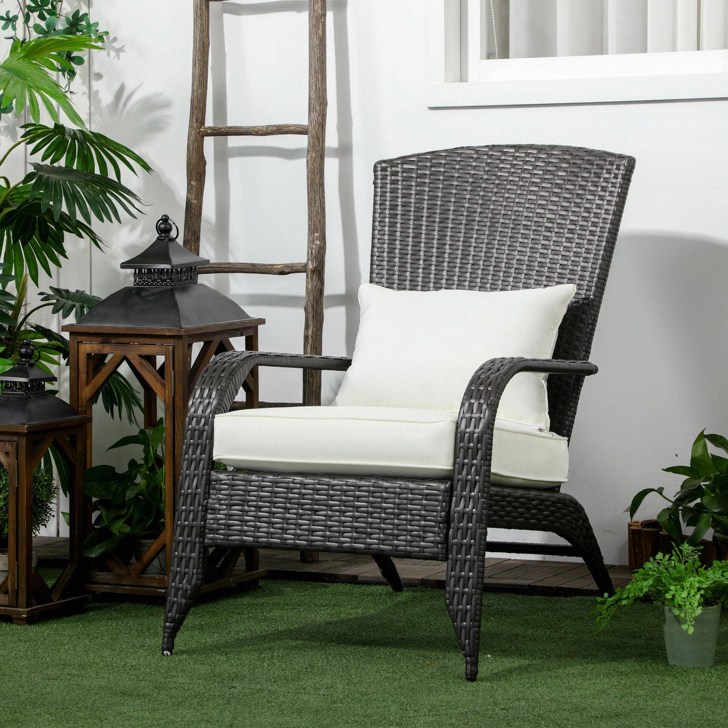 Patio Wicker Adirondack Chair, Outdoor Rattan Muskoka Chair with Cushions for Patio, Garden, Backyard Dark Blue - Cream White