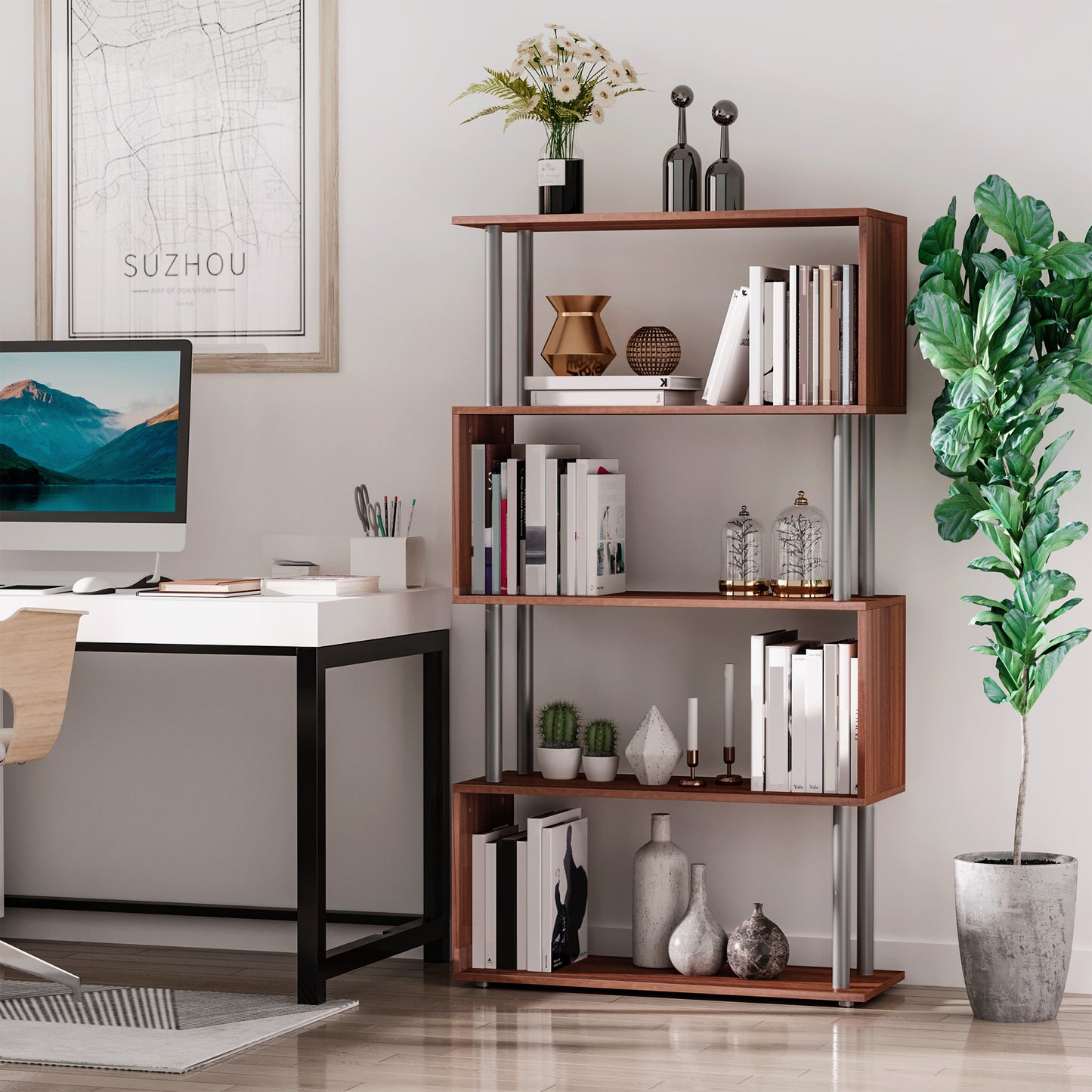 5-Tiers Geometric Wooden Bookcase S-Shaped Storage Bookshelf Display with Metal Frame for Living Room, Bedroom, Home Office, Walnut