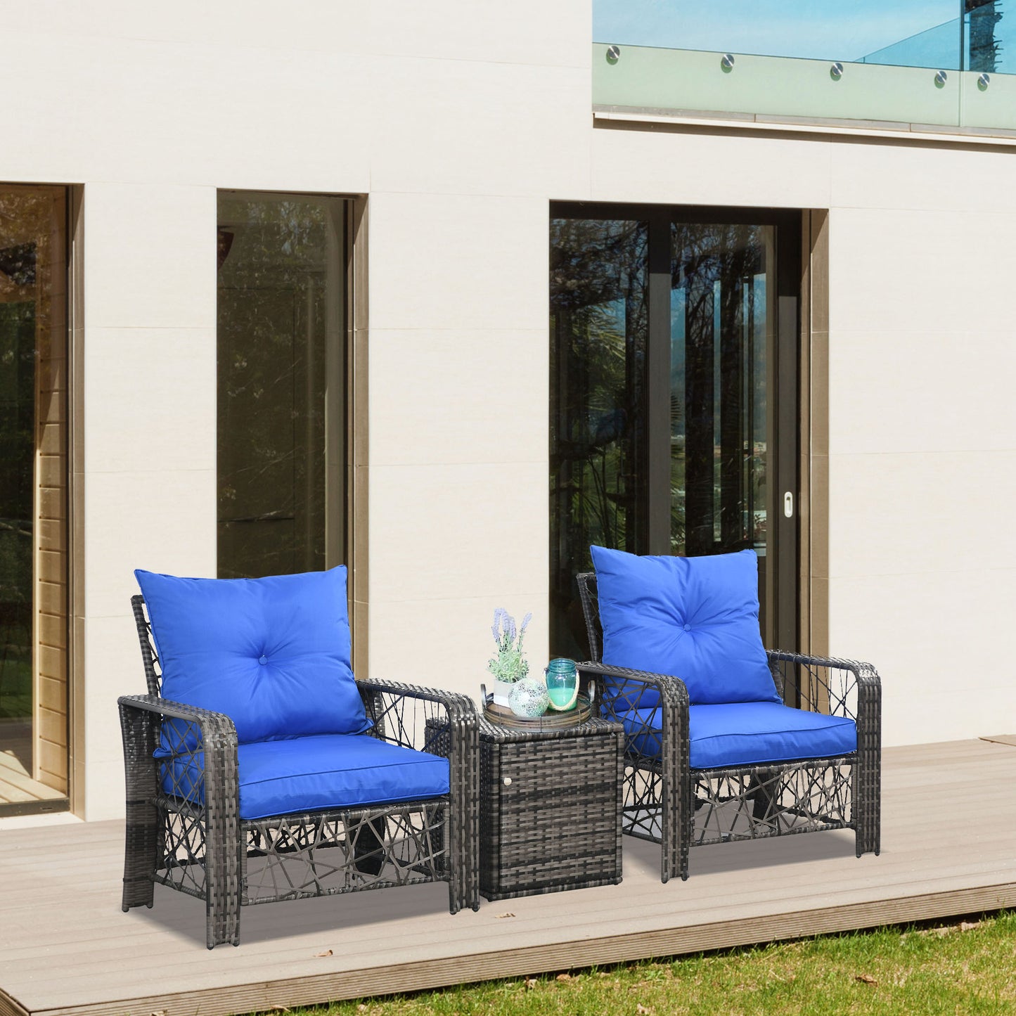 3 Pieces Wicker Patio Furniture Set, Rattan Bistro Set with Storage Coffee Table and Thickened Cushions, Outdoor Conversation Set for Garden, Porch, Balcony, Red - Blue