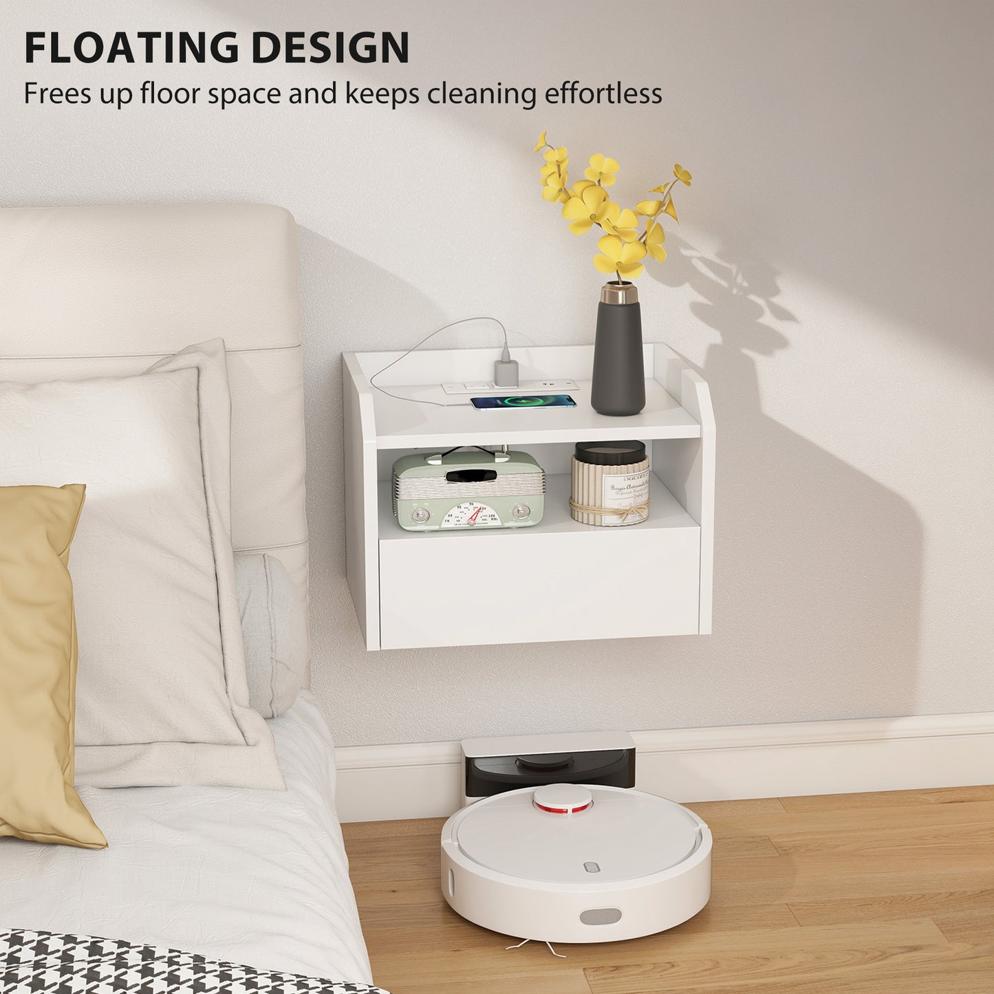 Wall Mounted Bedside Table, Set of 2 Floating Nightstand with Charging Station, Drawer and Open Shelf for Bedroom, White
