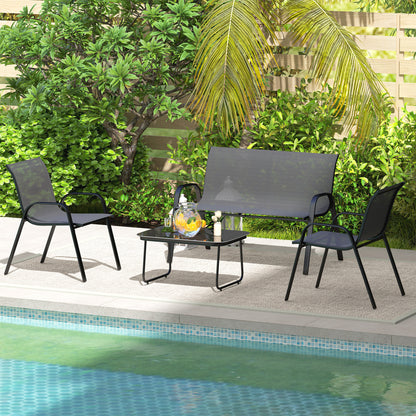 4-Piece Conversation Set with Stackable Chairs and Glass Table