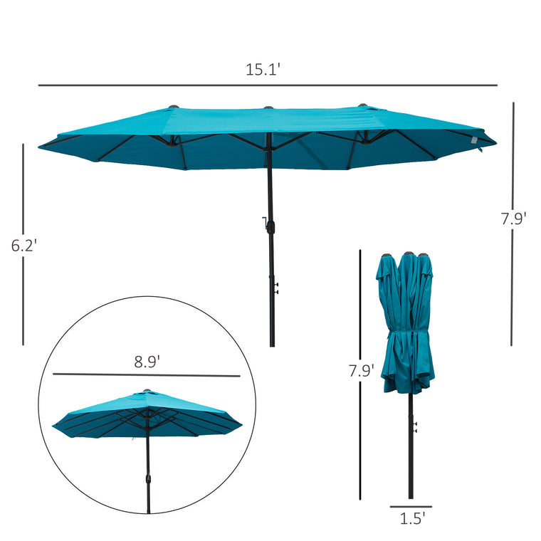 15ft Sky Blue Double-Sided Umbrella with Twin Canopy & Crank