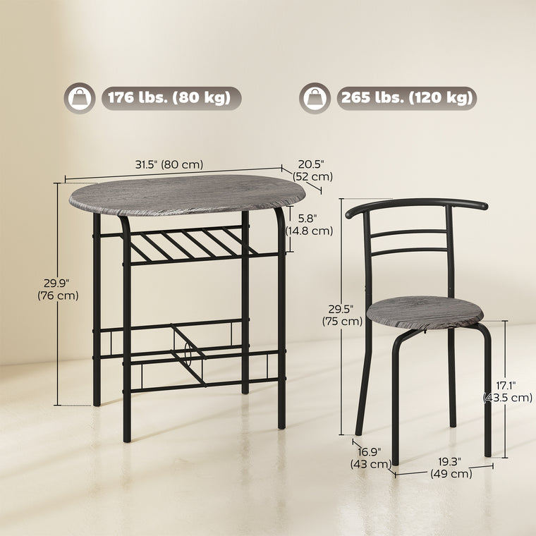 3-Piece Dining Set for 2 with Shelf - Charcoal Grey