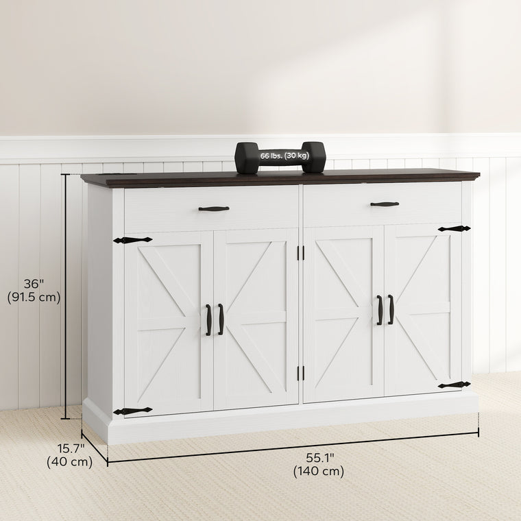55" Farmhouse Buffet Cabinet with 4 Barn Doors - White