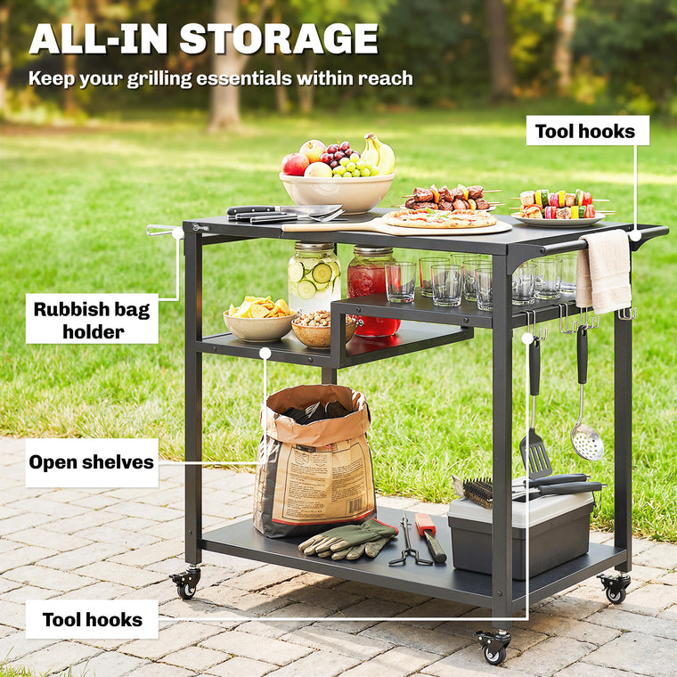 Black 3-Shelf Pizza Oven Stand with Hooks & Wheels