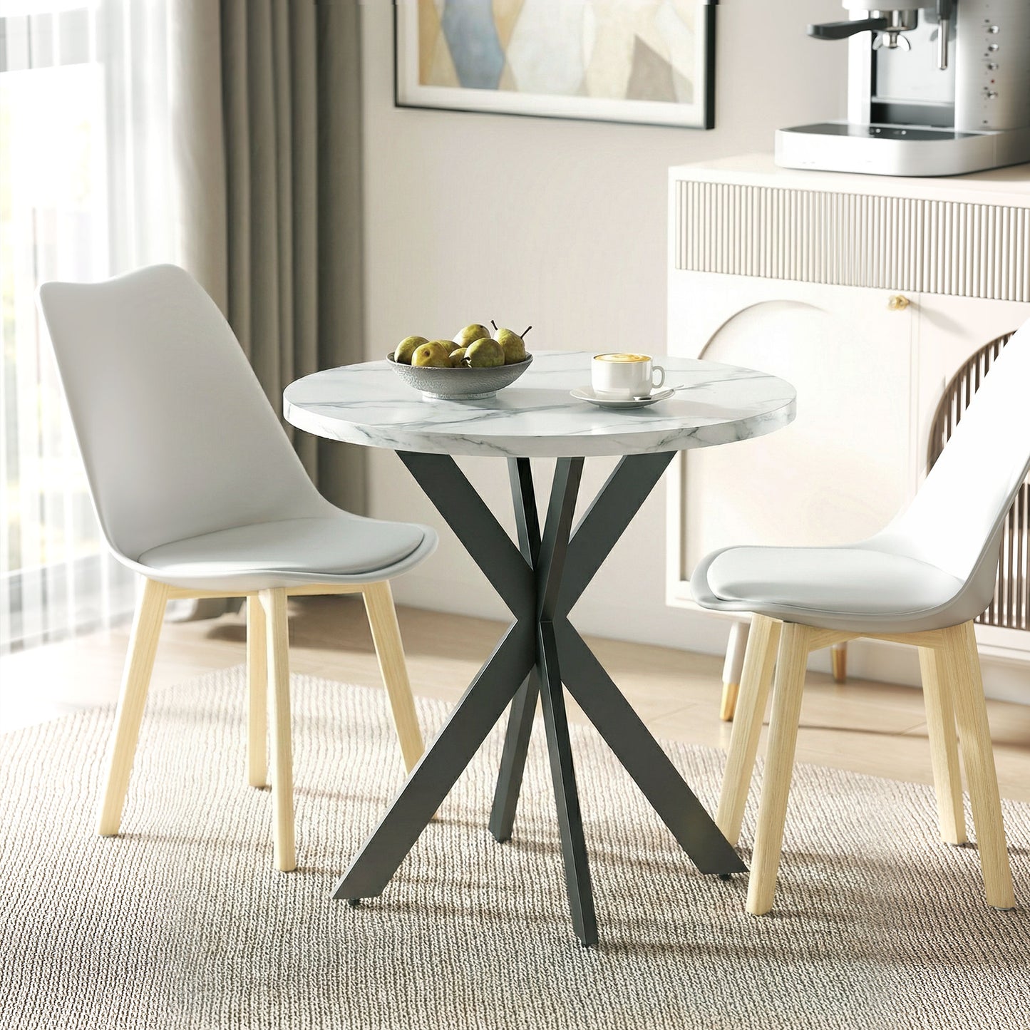 29" Dining Table, Contemporary Round Kitchen Table with Steel Legs, White Marble-Effect