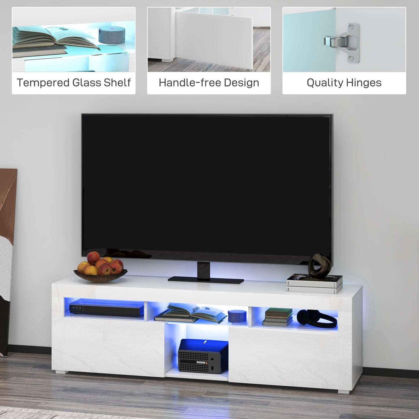 Modern TV Stand with Storage and LED Lights for TVs up to 55", TV Cabinet with Open Compartments, High Gloss White