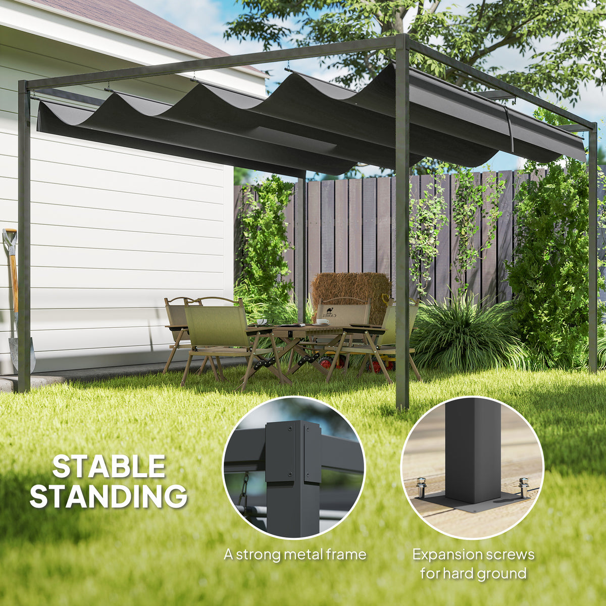 10' x 7' Black Patio Pergola with Retractable Canopy