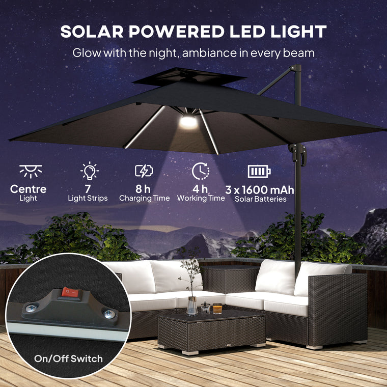 8' Dark Grey Cantilever Umbrella with LED Lights & 360° Rotation