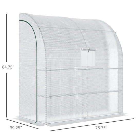 7' x 3' x 7' Outdoor Lean-to Walk-In Greenhouse w/ Roll-up Mesh Windows, Zipper Door and 3-Tier Shelves, White