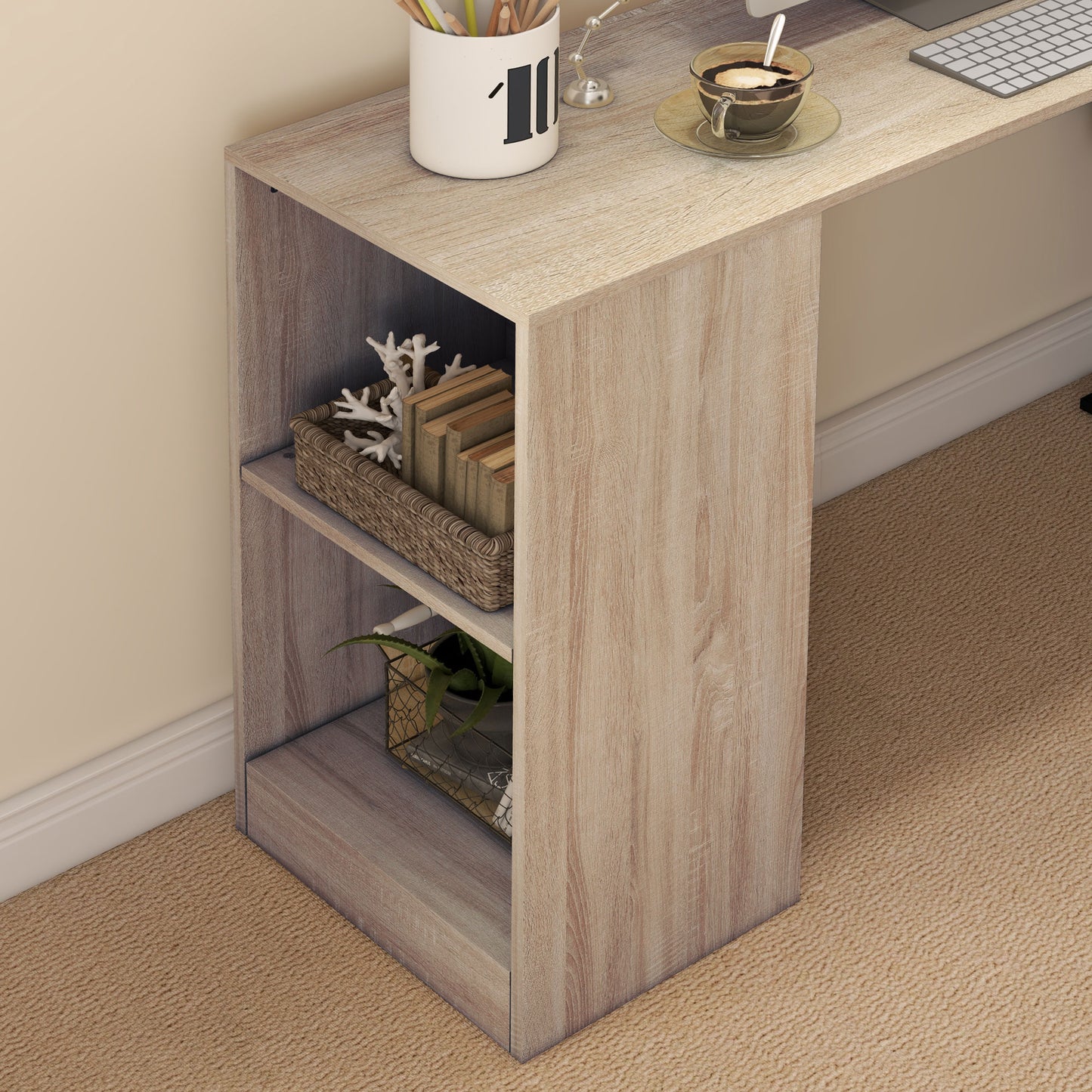 55" Corner Computer Desk, 360° Rotating L-Shaped Desk, Home Office Workstation with 3-Tier Shelves