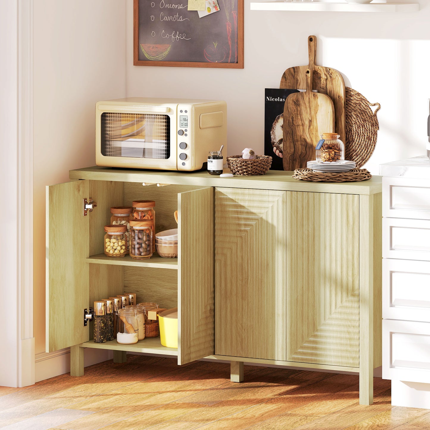47" Buffet Cabinet with Storage, Fluted Sideboard with Push to Open Design, 2 Adjustable Shelves and 4 Doors, Natural
