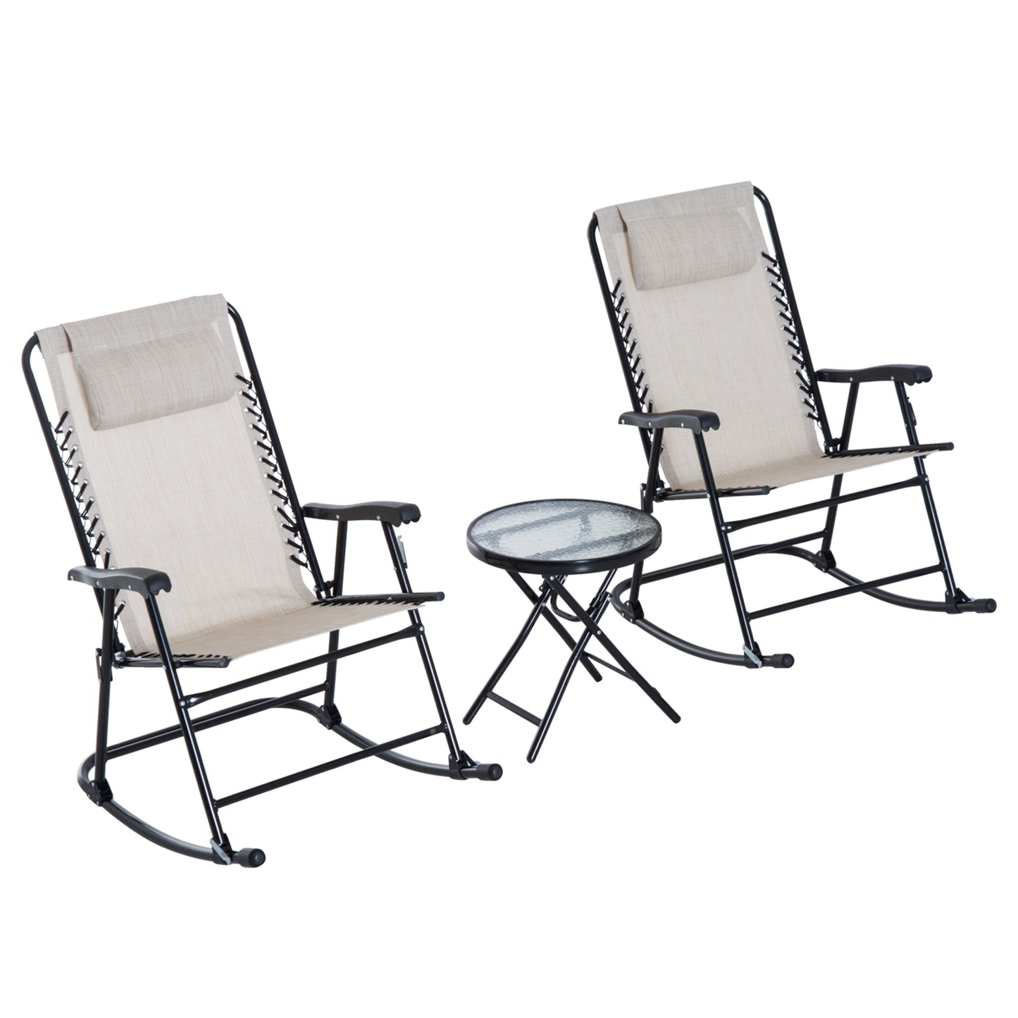 3pc Patio Rocking Chair Set, Folding Outdoor Rocking Chairs and Table Bistro Set w/ Breathable Mesh Seat & Backrest, Headrest for Park, Backyard, Garden, Grey