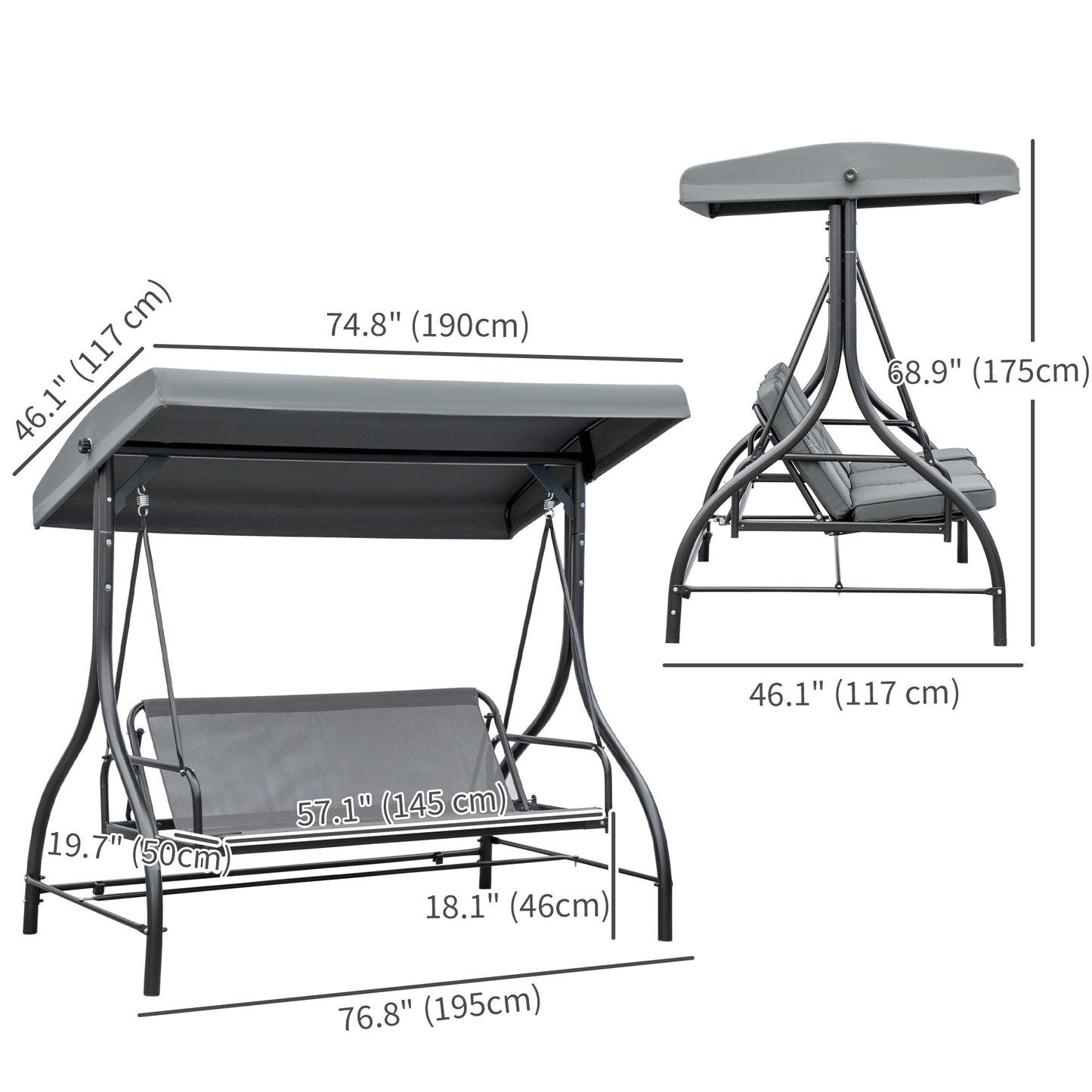 Convertible Patio Swing Bed with Canopy and Cushions, 3 Seater Porch Swing for Outdoor, Backyard, Garden, Beige