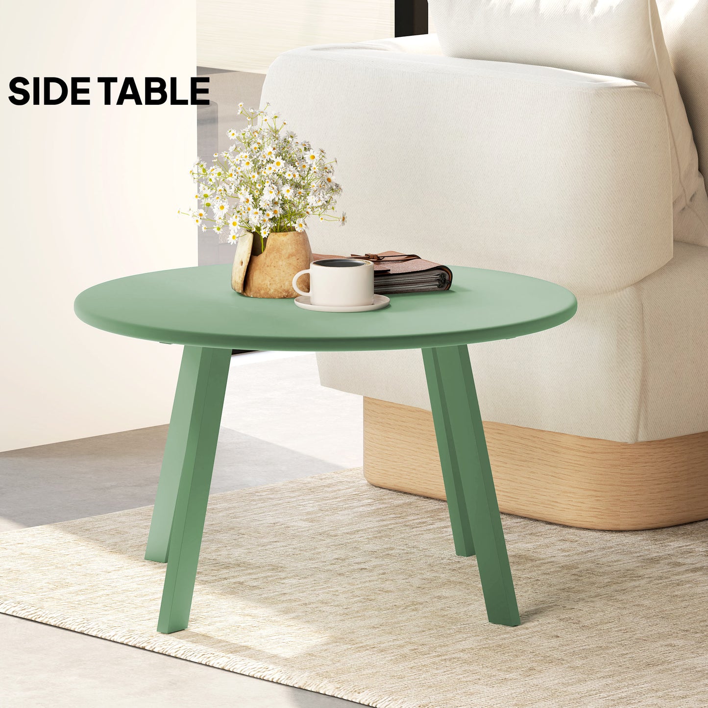 Round Outdoor Side Table, Patio Coffee Table with Metal Frame and Non-Slip Foot Pads, Green