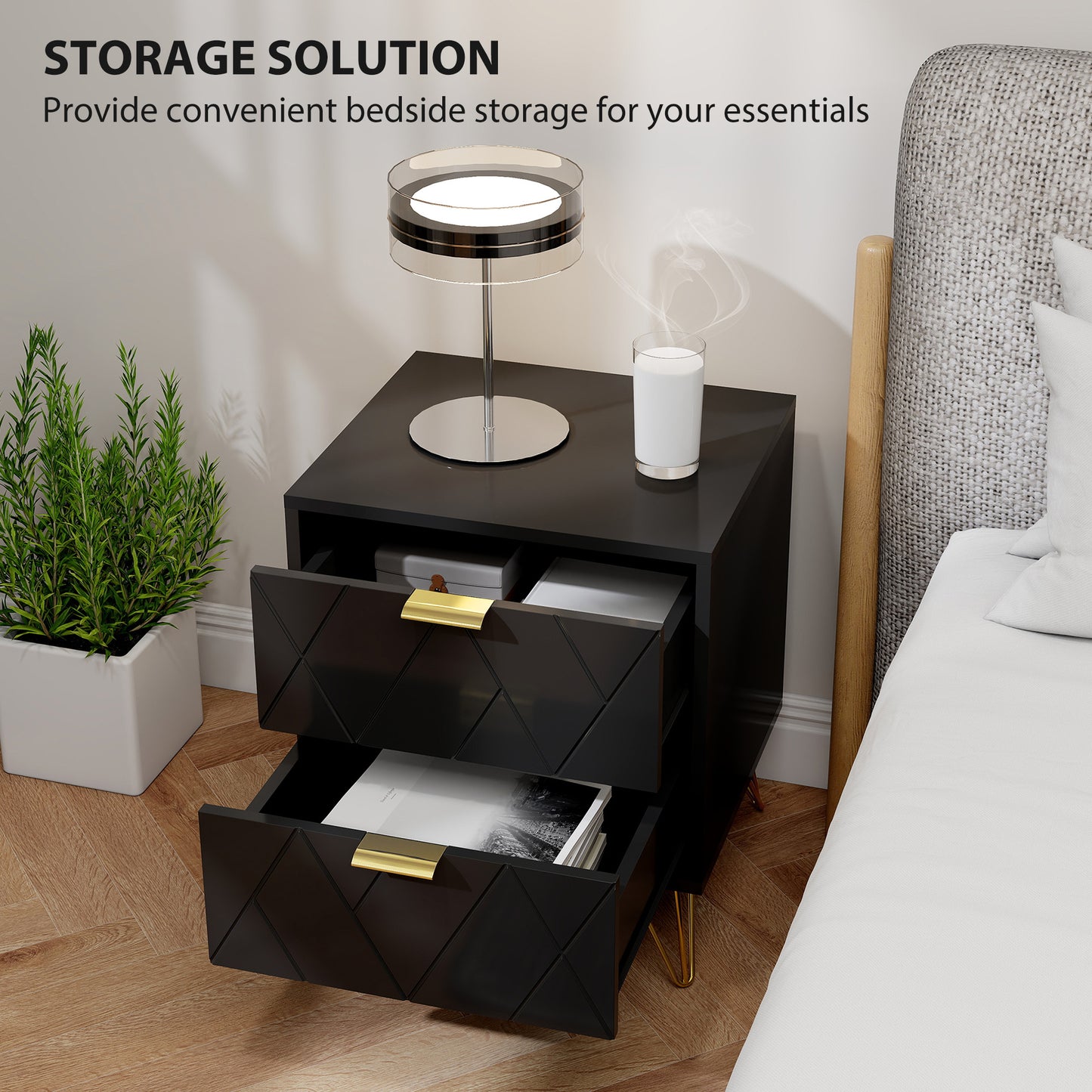 Modern Bedside Table, Accent Nightstand with 2 Drawers, Bed End Table for Bedroom, Black